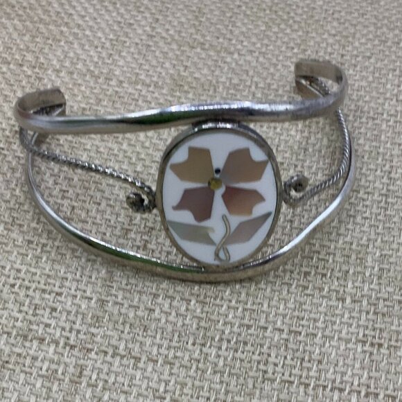 Alpaca Mexico Silver Abalone Flower Inlay Cuff Bracelet - Picture 2 of 9